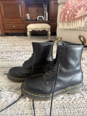 Dr. Martens Black Leather 8-Eye Lace-Up Boots with Yellow Stitching